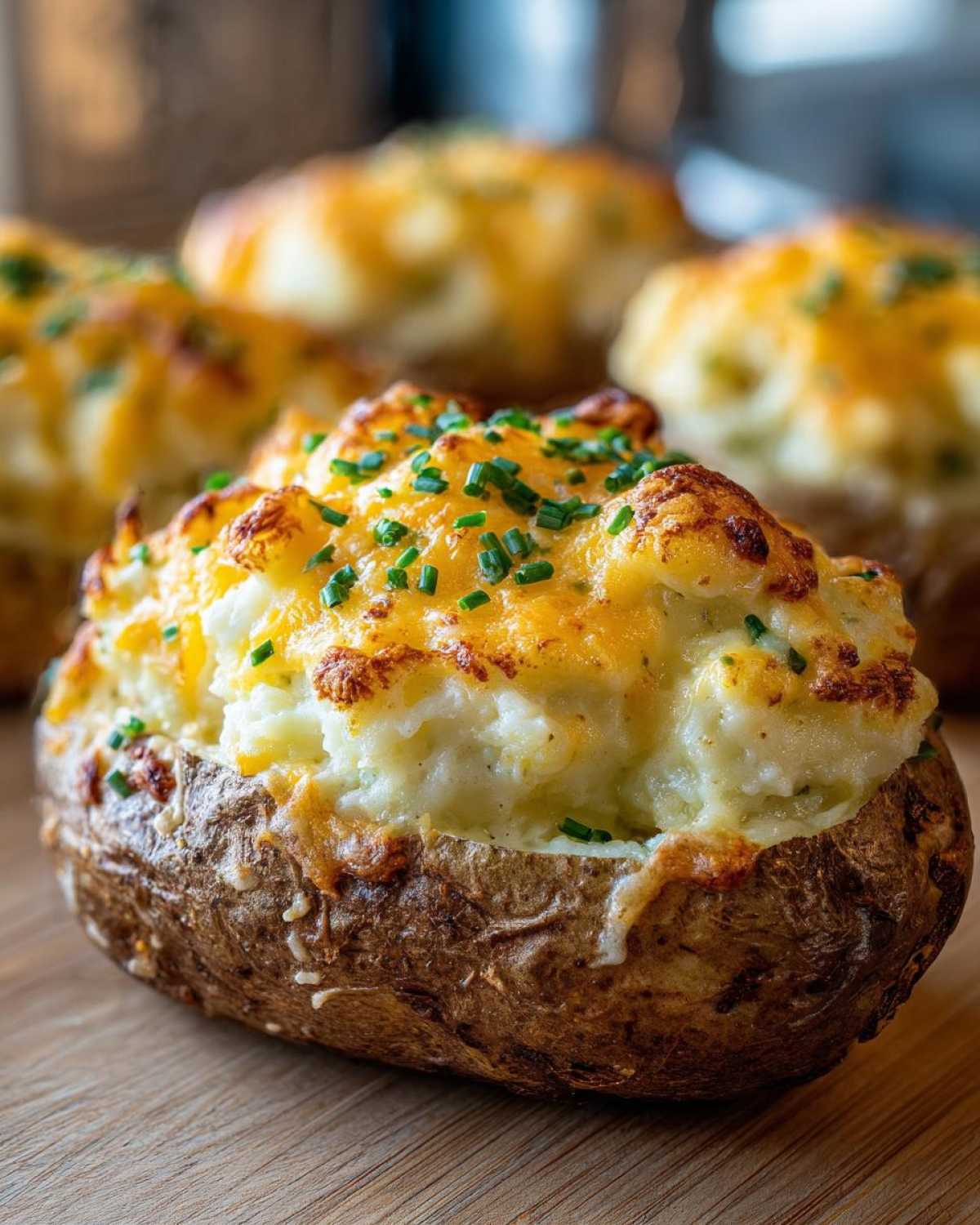 Close-up of a delicious twice baked potato stuffed with creamy filling, melted cheddar cheese, and topped with fresh chives.