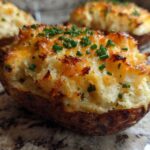 Close-up of a perfectly golden brown twice baked potatoes stuffed with creamy filling and topped with melted cheese and fresh chives.