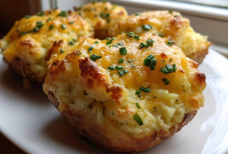 Close-up of golden Twice-baked potatoes stuffed with mashed filling, melted cheddar cheese, and fresh chopped chives.
