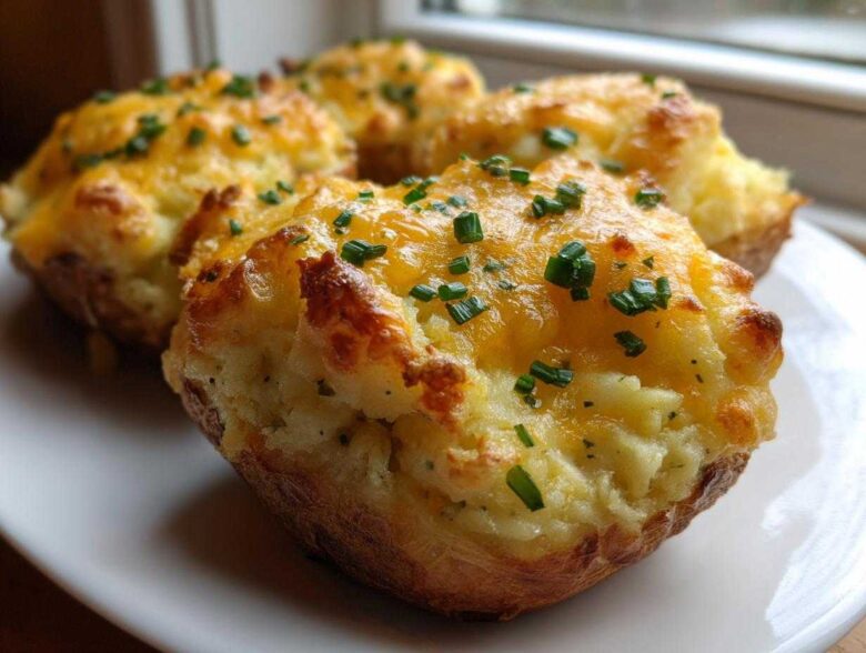 Close-up of golden Twice-baked potatoes stuffed with mashed filling, melted cheddar cheese, and fresh chopped chives.