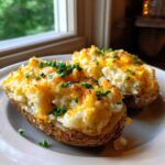 Two servings of amazing twice-baked potatoes, topped with melted cheddar cheese and fresh chives.