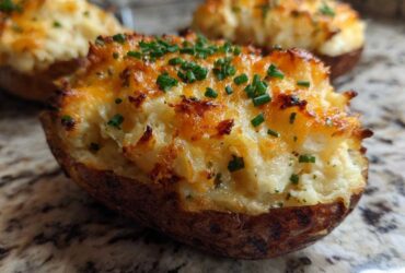 Close-up of a perfectly golden brown twice baked potatoes stuffed with creamy filling and topped with melted cheese and fresh chives.