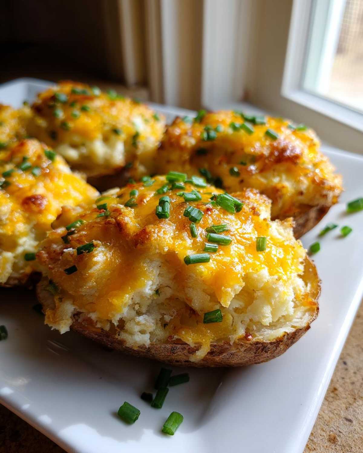 Four cheesy Twice-baked potatoes topped with melted cheddar and fresh chives served on a white platter.