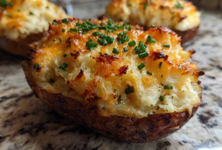 Close-up of a perfectly golden brown twice baked potatoes stuffed with creamy filling and topped with melted cheese and fresh chives.