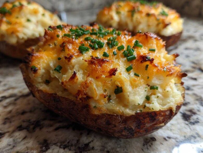Close-up of a perfectly golden brown twice baked potatoes stuffed with creamy filling and topped with melted cheese and fresh chives.