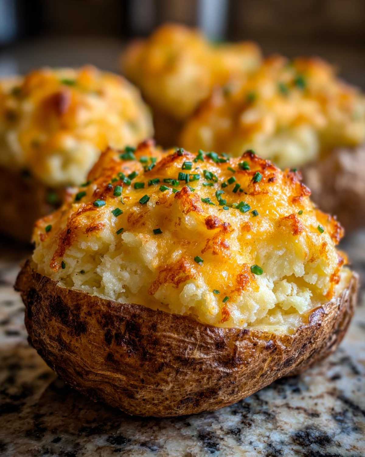 Close-up of a perfectly baked twice baked potatoes, stuffed with creamy filling and topped with melted cheddar cheese and chives.
