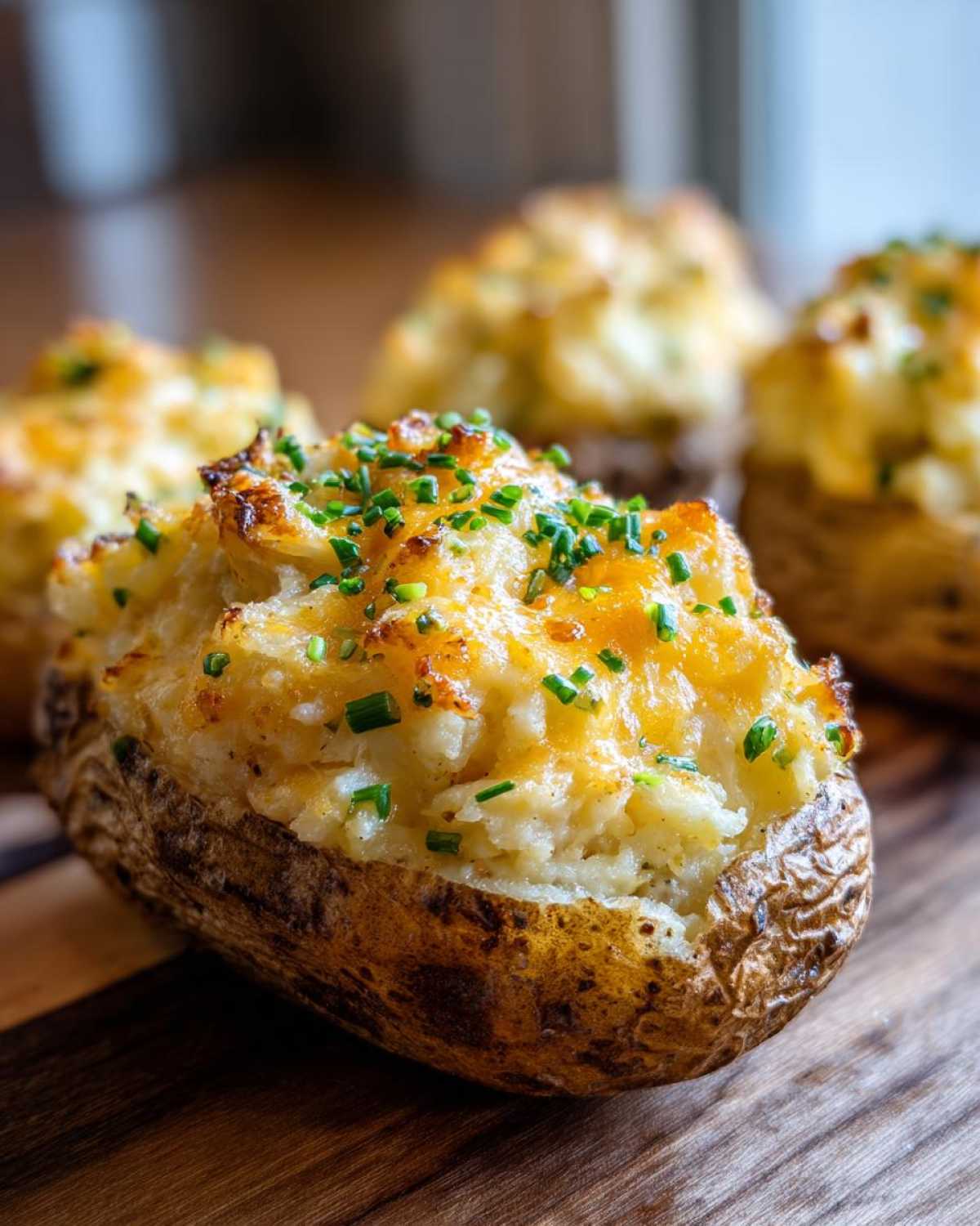 Close-up of a perfectly baked twice baked potatoes, stuffed with creamy filling, melted cheese, and chives.