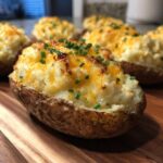 Close-up of a perfectly baked twice baked potatoes topped with melted cheddar cheese and fresh chives.