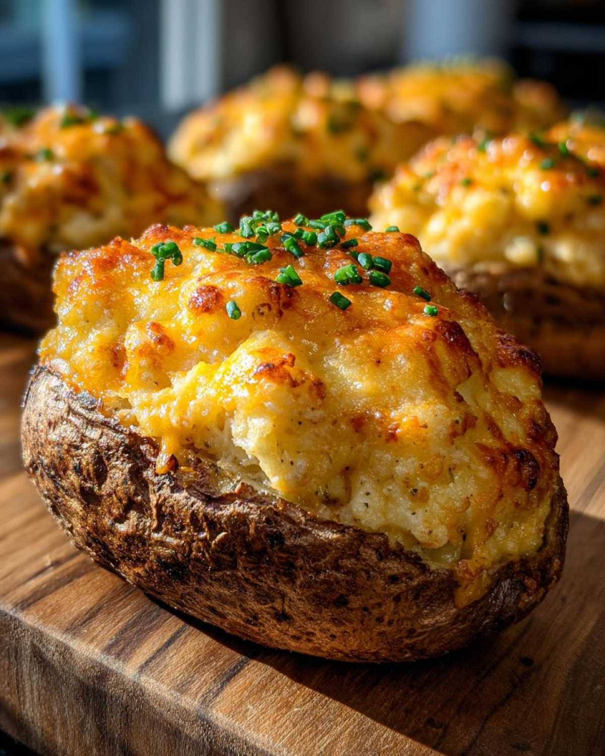 Close-up of a perfectly golden twice baked potatoes, stuffed with cheesy filling and topped with fresh green chives.