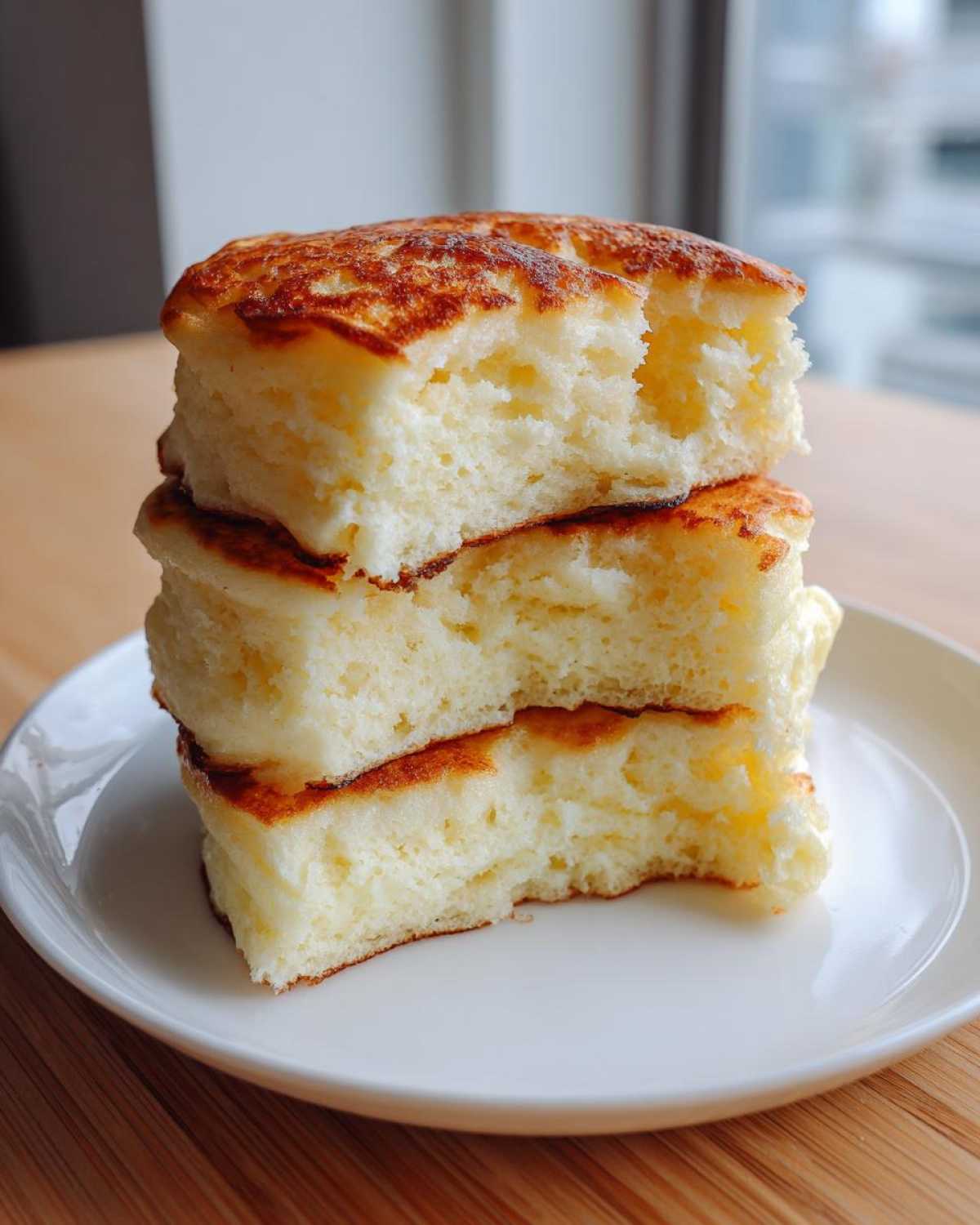 Close-up of three thick, fluffy pancakes stacked on a white plate, showing the airy interior texture.