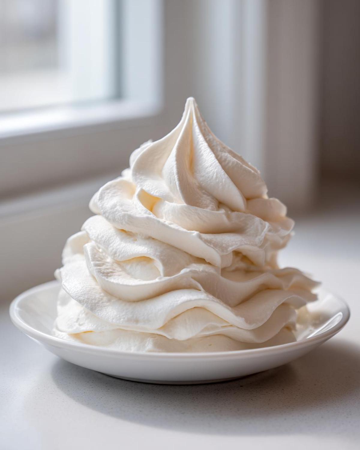 A tall, perfectly piped swirl of creamy white vanilla buttercream frosting sitting on a small white saucer.