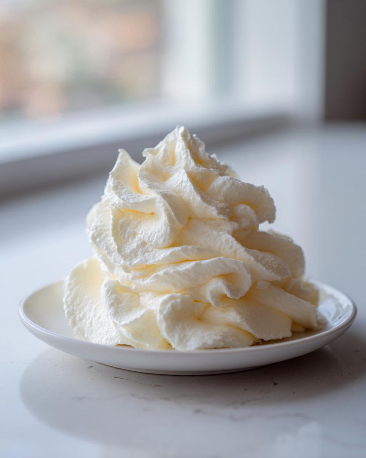 A tall, perfectly piped swirl of creamy vanilla buttercream frosting on a small white plate.