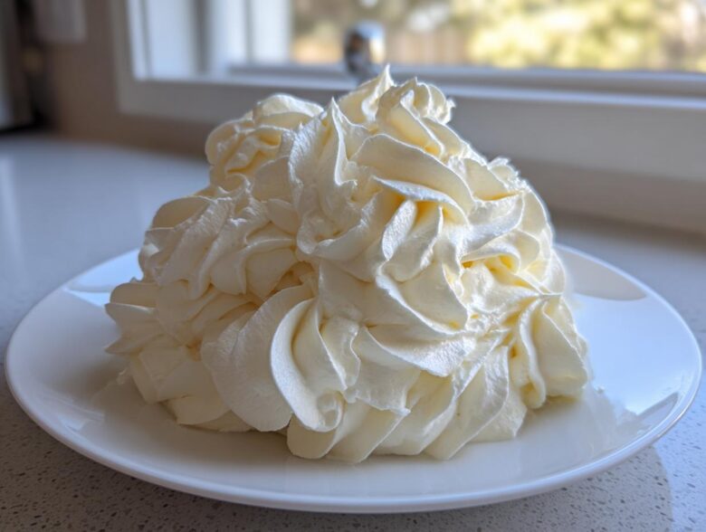 A large mound of perfectly piped, creamy vanilla buttercream frosting swirls on a white plate.