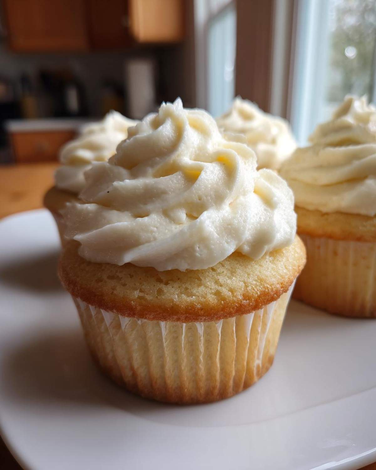 Close-up of a vanilla cupcake topped with thick, perfectly piped cream cheese frosting.