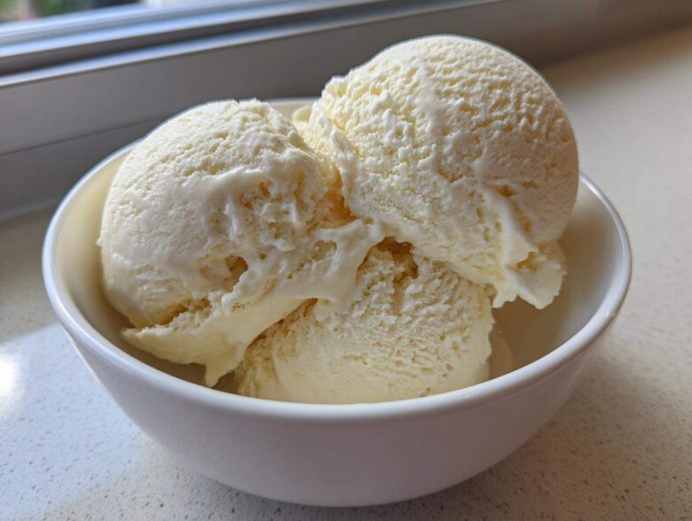 Three scoops of creamy, pale yellow protein ice cream served in a small white bowl.