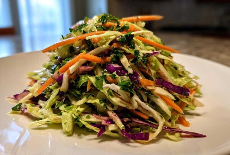 A mound of fresh, colorful cabbage salad featuring shredded green and purple cabbage, bright orange carrots, and green herbs.