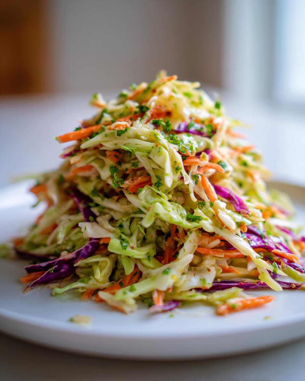 A vibrant mound of fresh cabbage salad featuring shredded green and purple cabbage and carrots, topped with herbs.