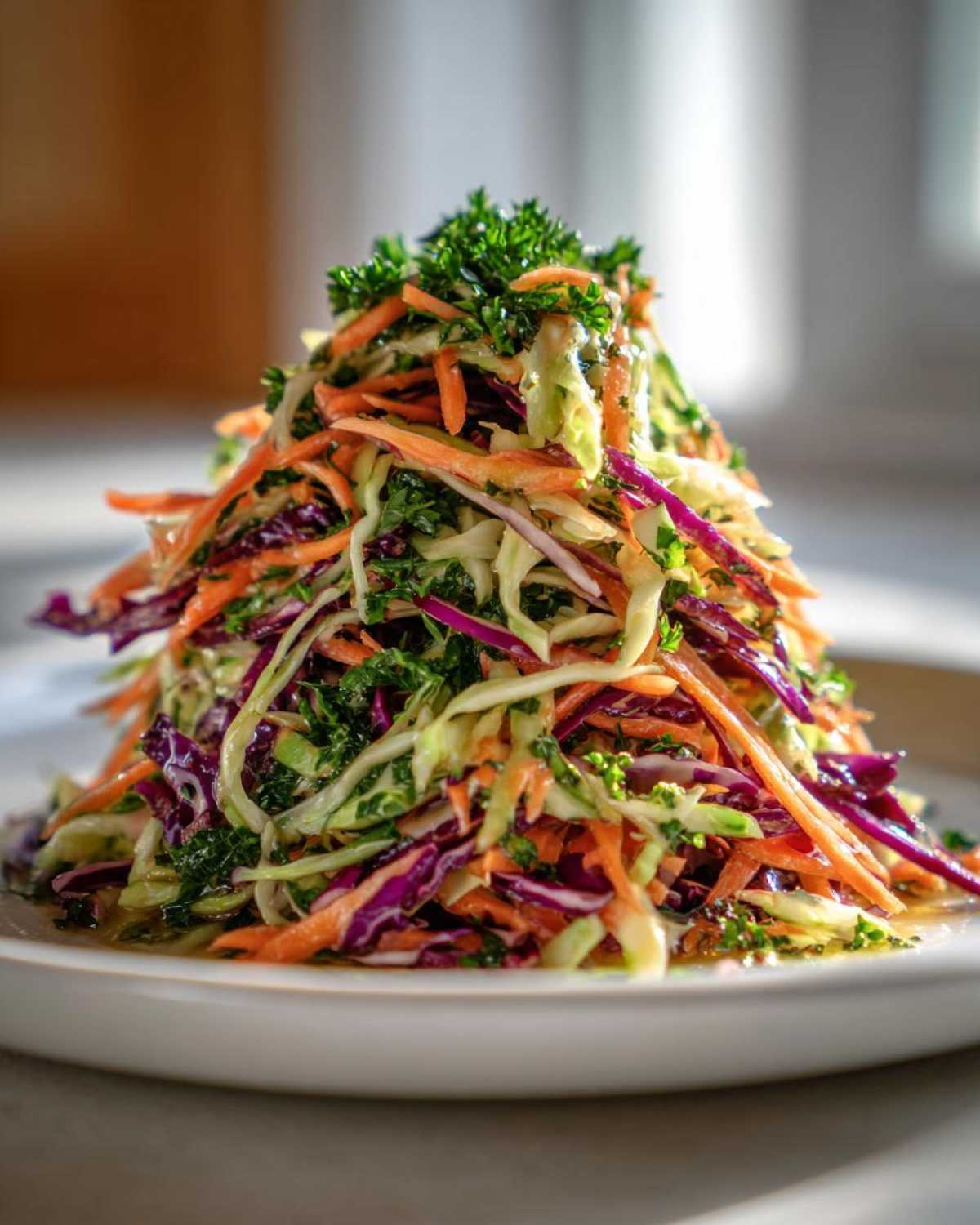 A tall mound of colorful shredded cabbage salad featuring green cabbage, red cabbage, and carrots, topped with fresh parsley.