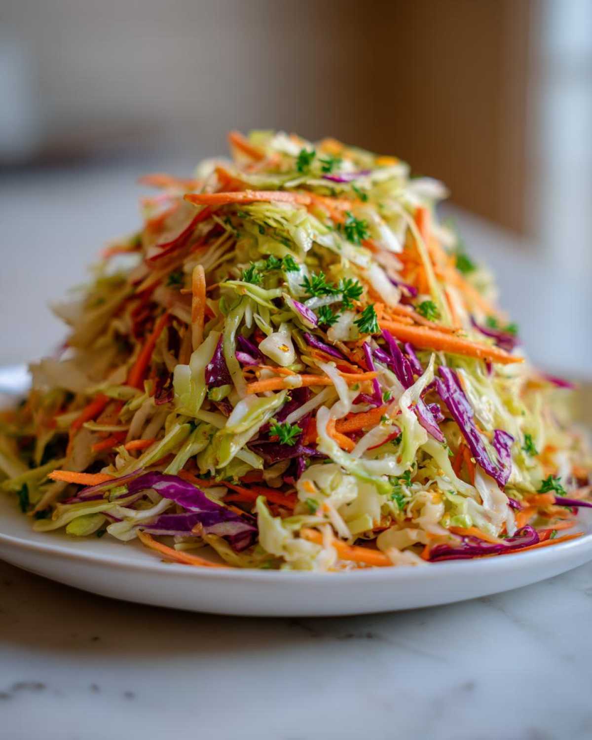 A vibrant mound of shredded green and purple cabbage salad mixed with carrots, garnished with parsley.