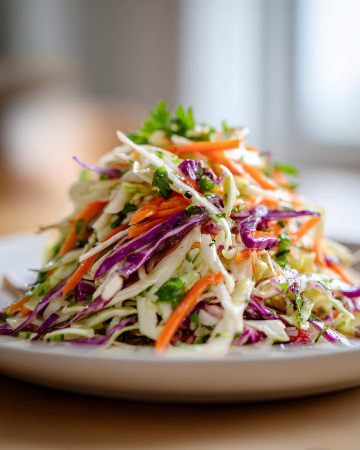 A tall mound of colorful cabbage salad featuring shredded white and purple cabbage and bright orange carrots.