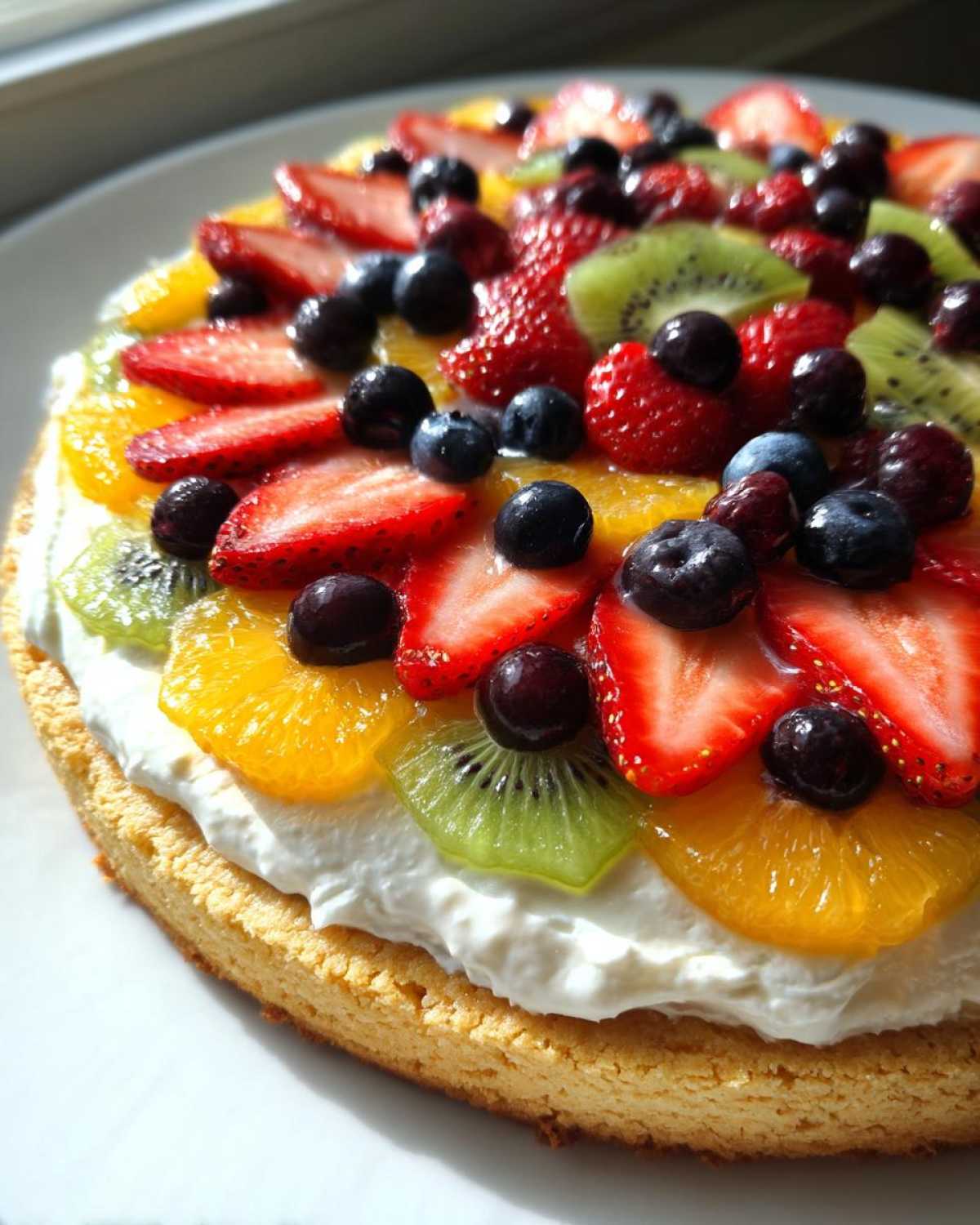 A vibrant fruit pizza sugar cookie topped with whipped cream, sliced strawberries, blueberries, kiwi, and orange segments.