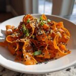 Close-up of a bright orange raw carrot salad made from shaved ribbons, topped with black and white sesame seeds and green onions.