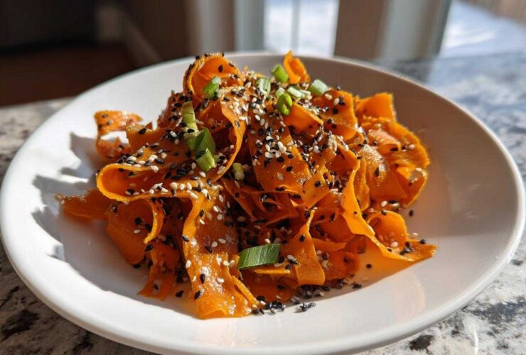 Close-up of a bright orange raw carrot salad made from shaved ribbons, topped with black and white sesame seeds and green onions.