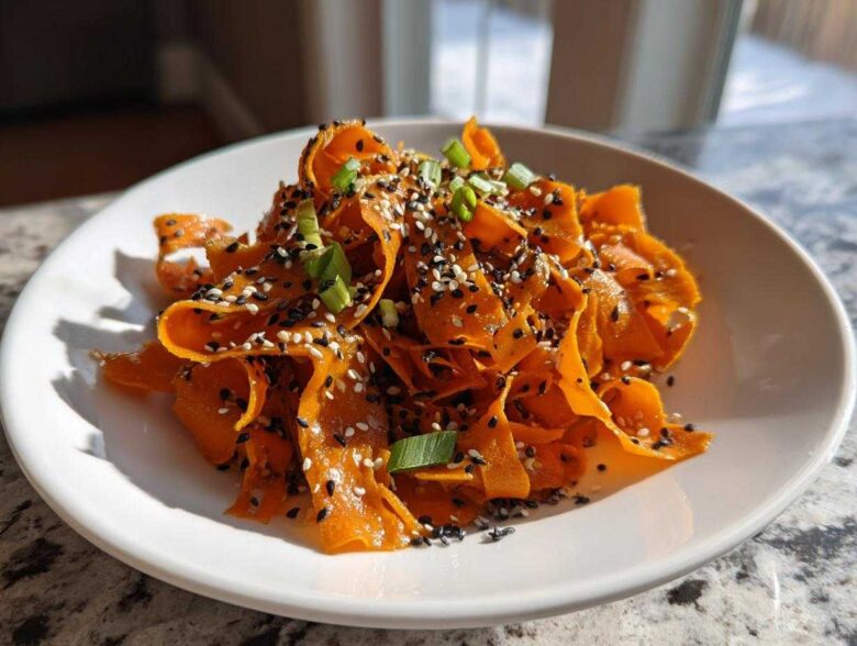 Close-up of a bright orange raw carrot salad made from shaved ribbons, topped with black and white sesame seeds and green onions.