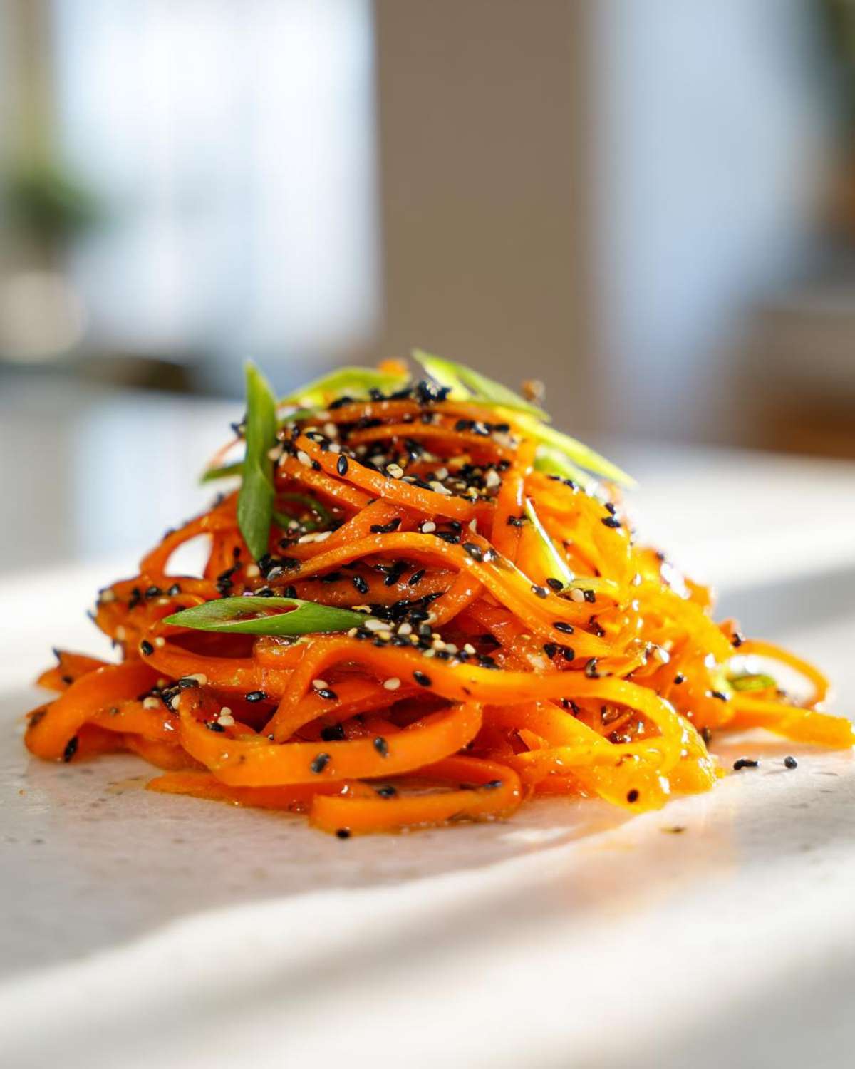 A close-up of a vibrant raw carrot salad made with shaved carrots, topped with black sesame seeds and green onion slices.