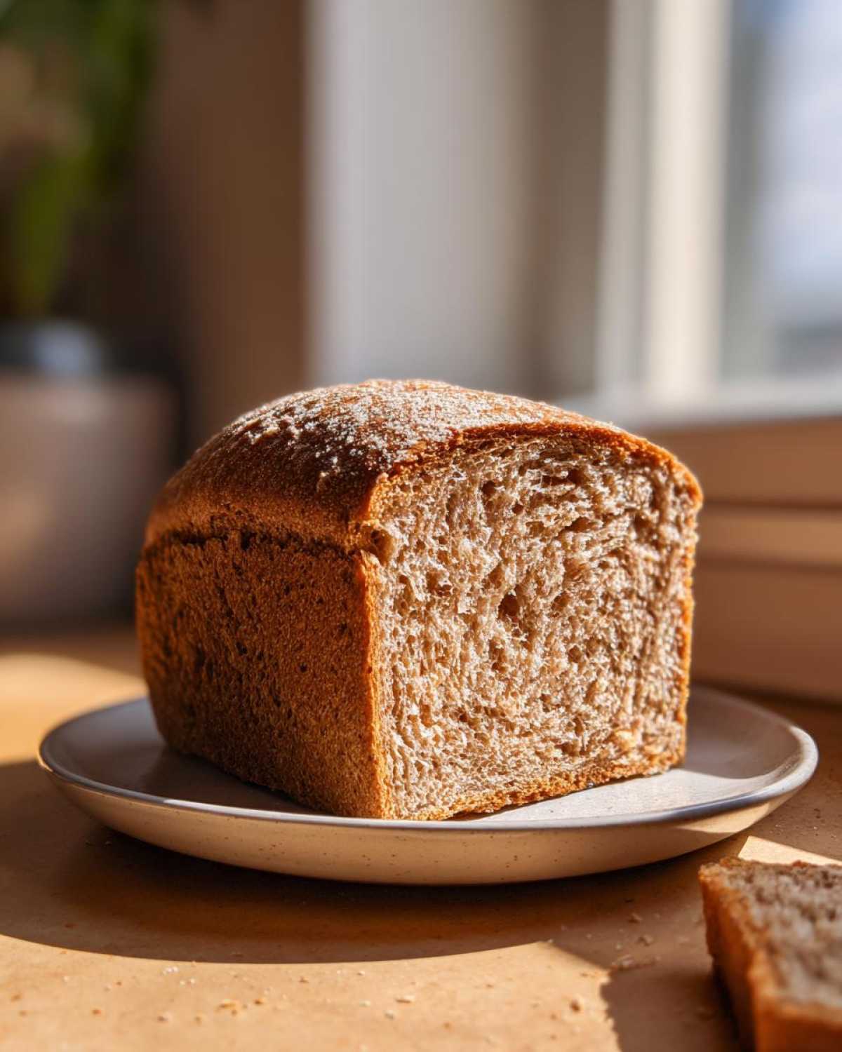 A beautifully baked loaf of whole wheat bread, sliced to show the soft interior texture, resting on a plate.