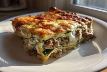 A thick, layered slice of zucchini lasagna with browned cheese topping sits on a white plate.
