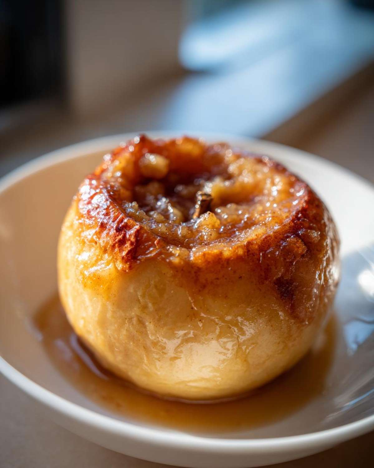 A single, golden brown baked apples dessert sitting in a pool of syrup on a white plate.