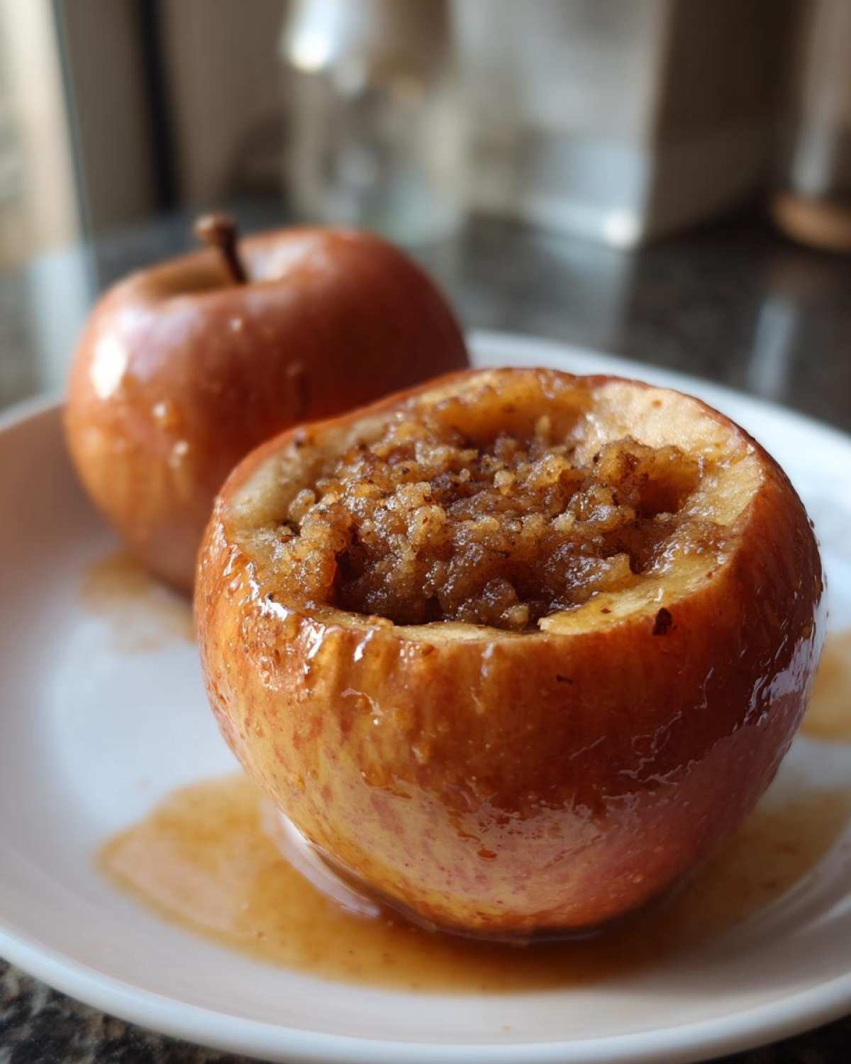 A close-up of a delicious baked apples dessert, cored and filled with a brown sugar and spice mixture.