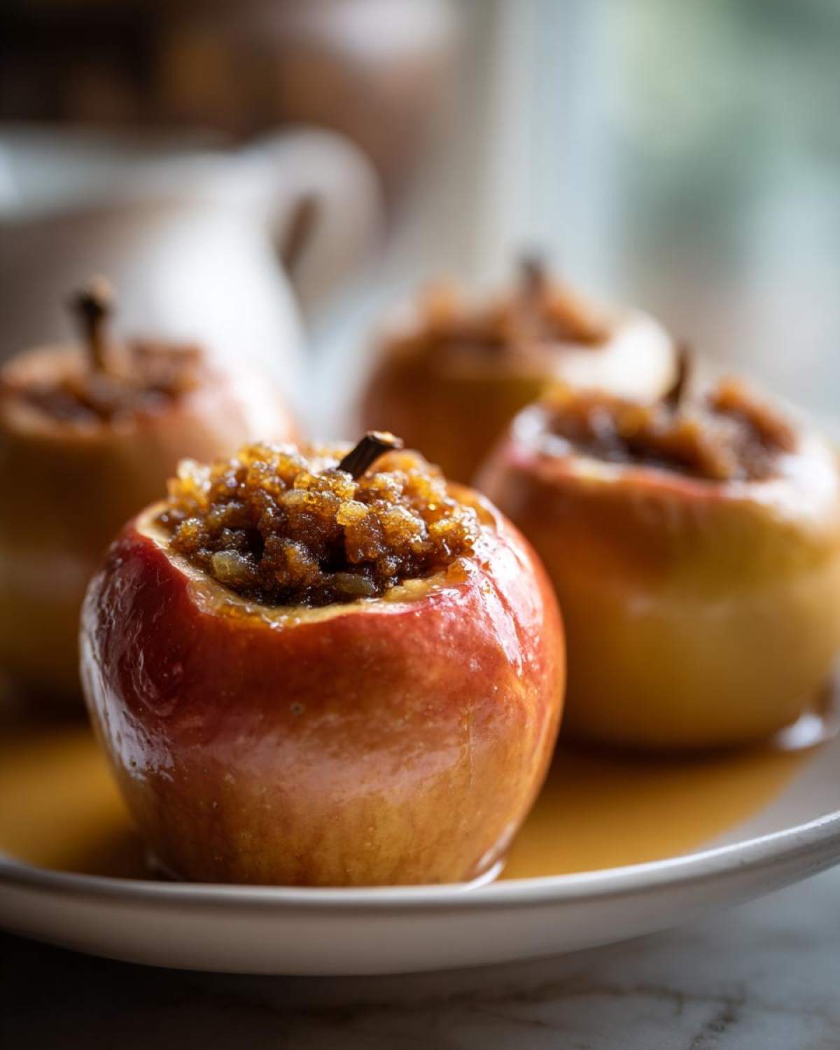 A close-up of a glistening, red baked apple stuffed with brown sugar filling, sitting in syrup on a white plate.