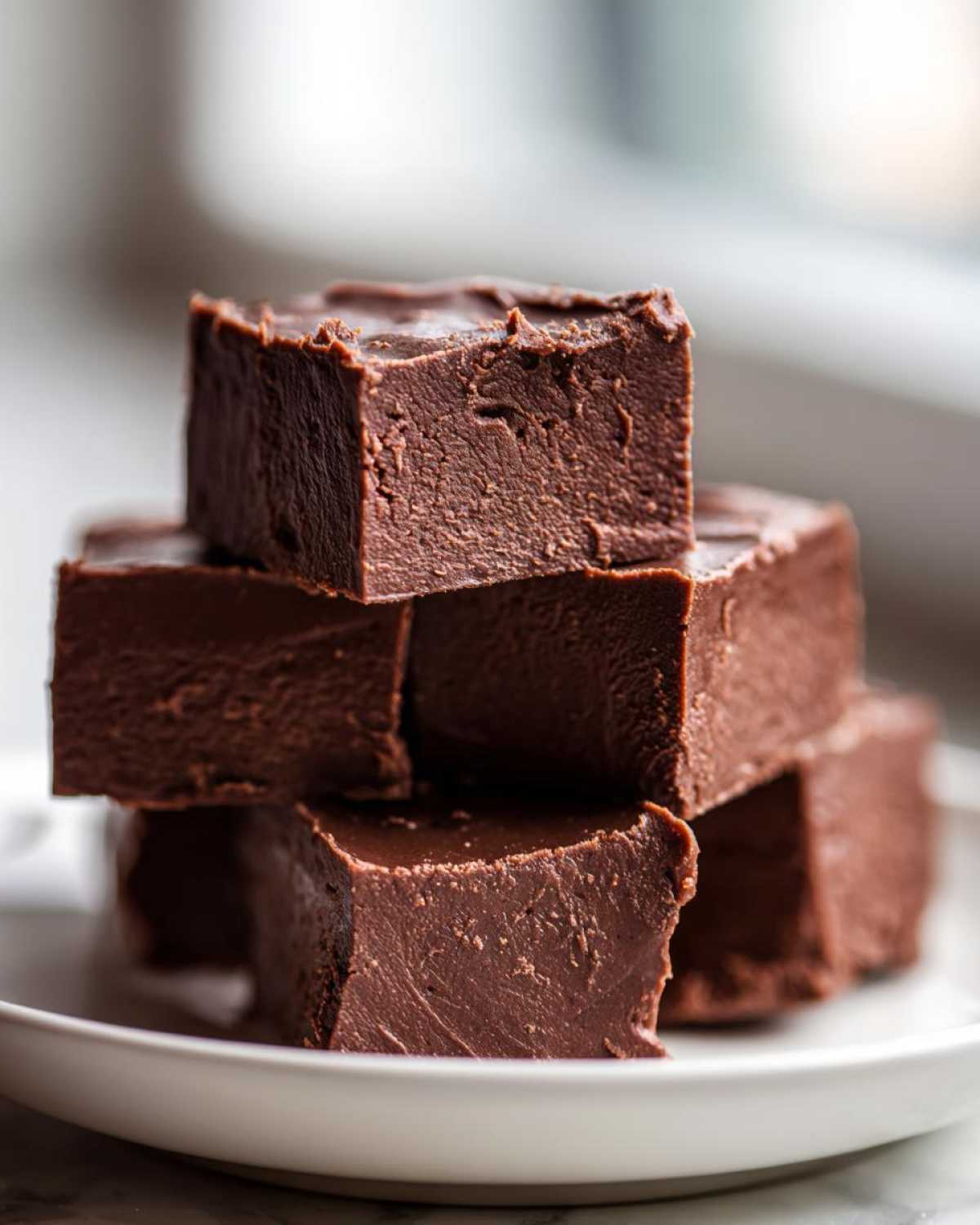 A stack of rich, dark chocolate fudge squares showing a smooth, dense texture, perfect for a 15-minute fudge recipe.
