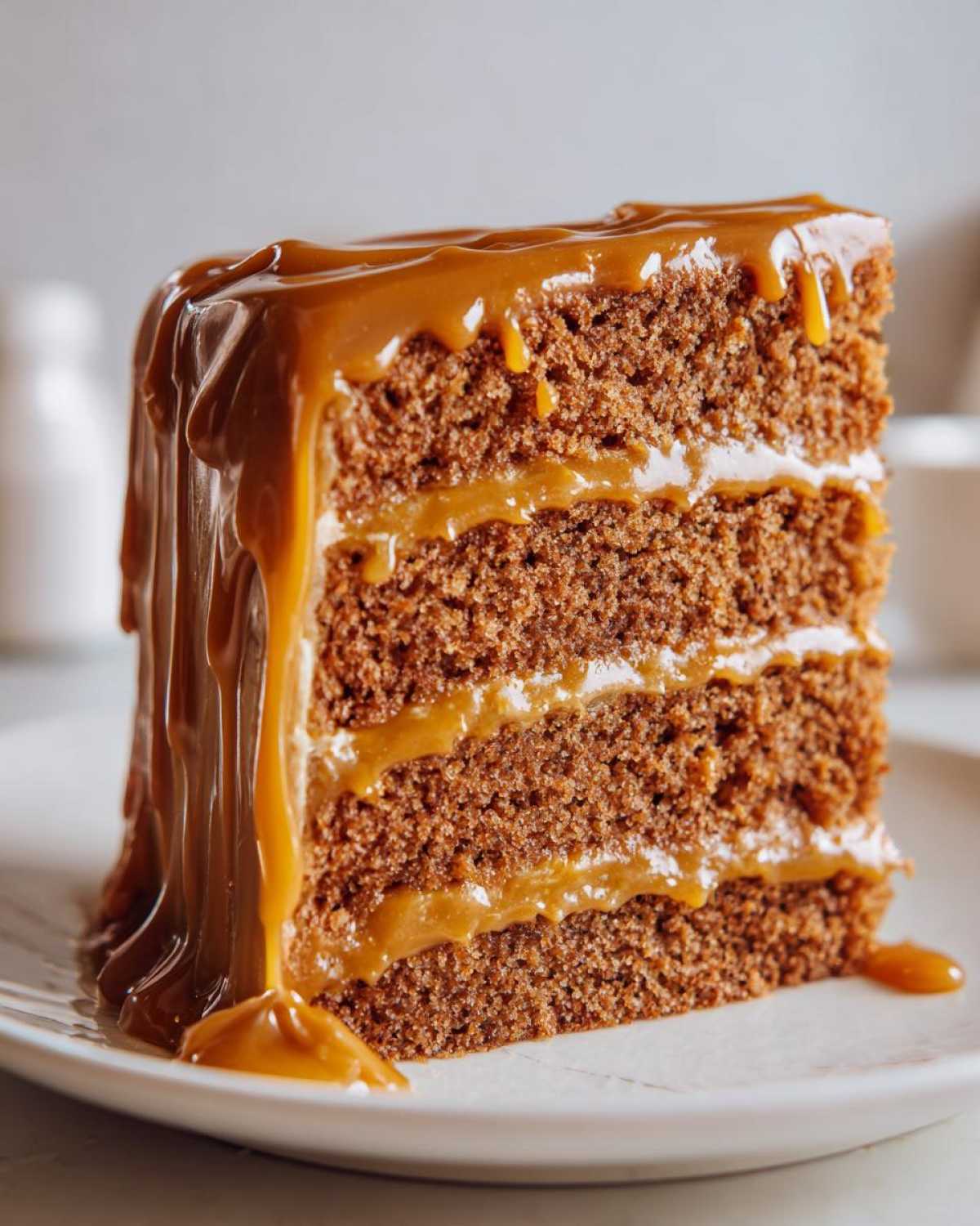 Close-up of a decadent slice of 3 layer caramel cake dripping with thick caramel sauce.