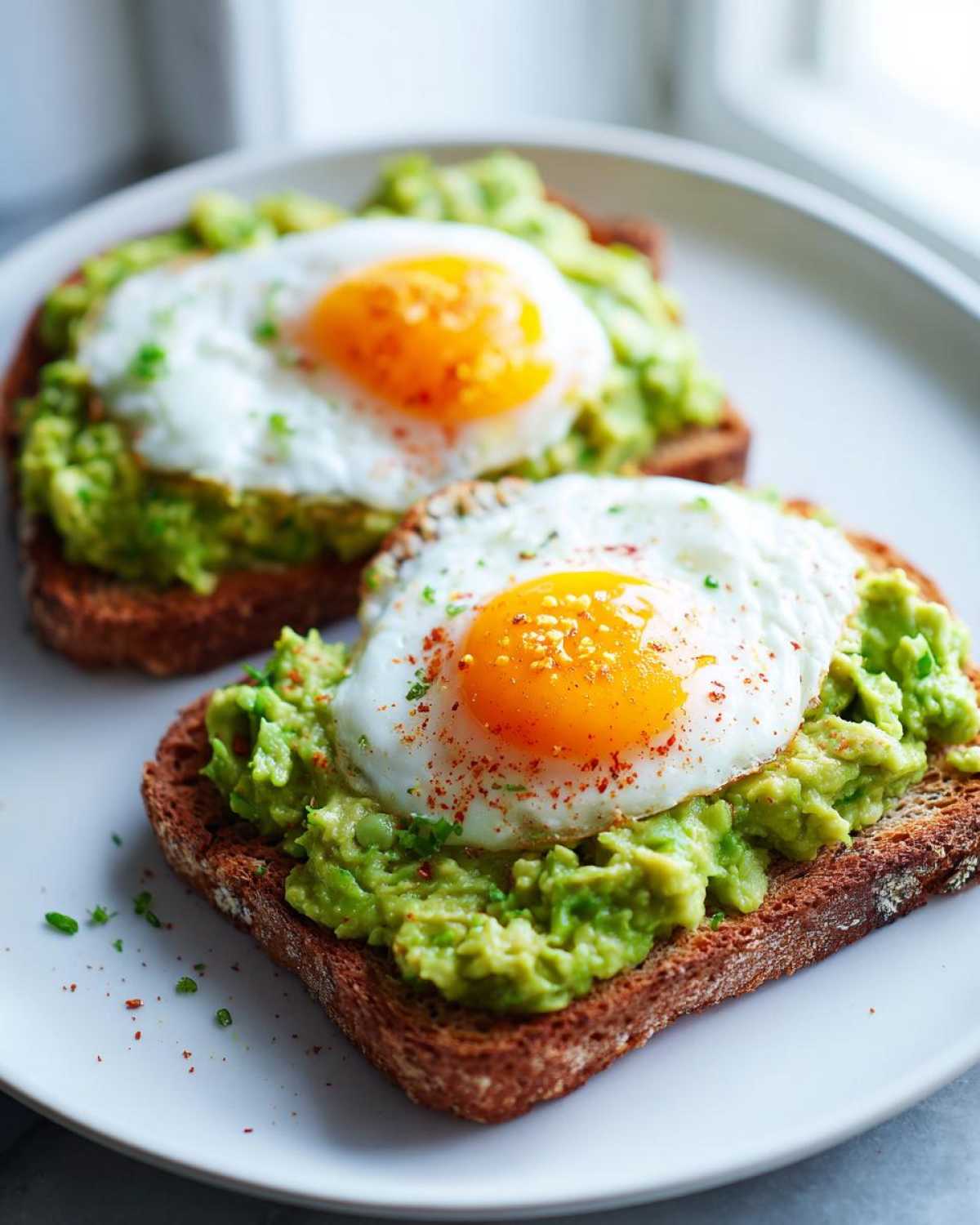 Two slices of hearty avocado toast topped with mashed avocado and perfectly cooked sunny-side-up eggs.