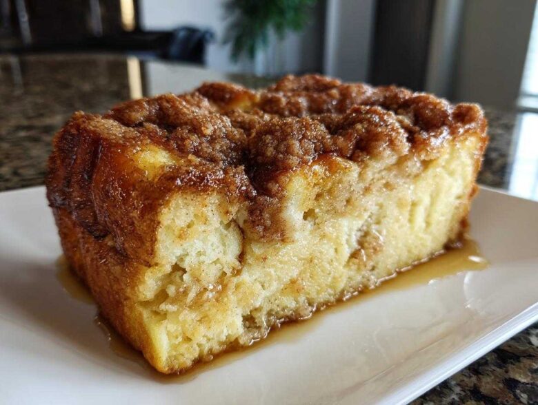 A close-up of a square slice of moist baked french toast topped with cinnamon streusel and syrup.