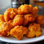 A pile of crispy, bright orange buffalo cauliflower bites served on a white plate.