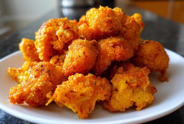 A pile of crispy, bright orange buffalo cauliflower bites served on a white plate.