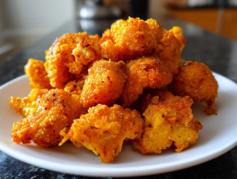 A pile of crispy, bright orange buffalo cauliflower bites served on a white plate.