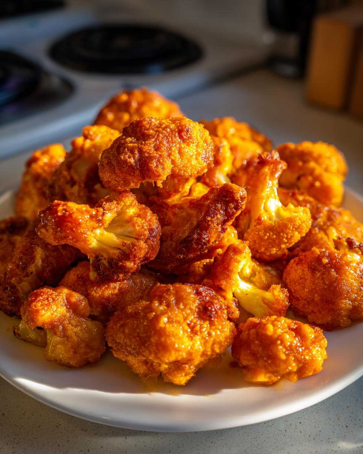 A pile of golden-orange, crispy buffalo cauliflower bites served on a white plate.