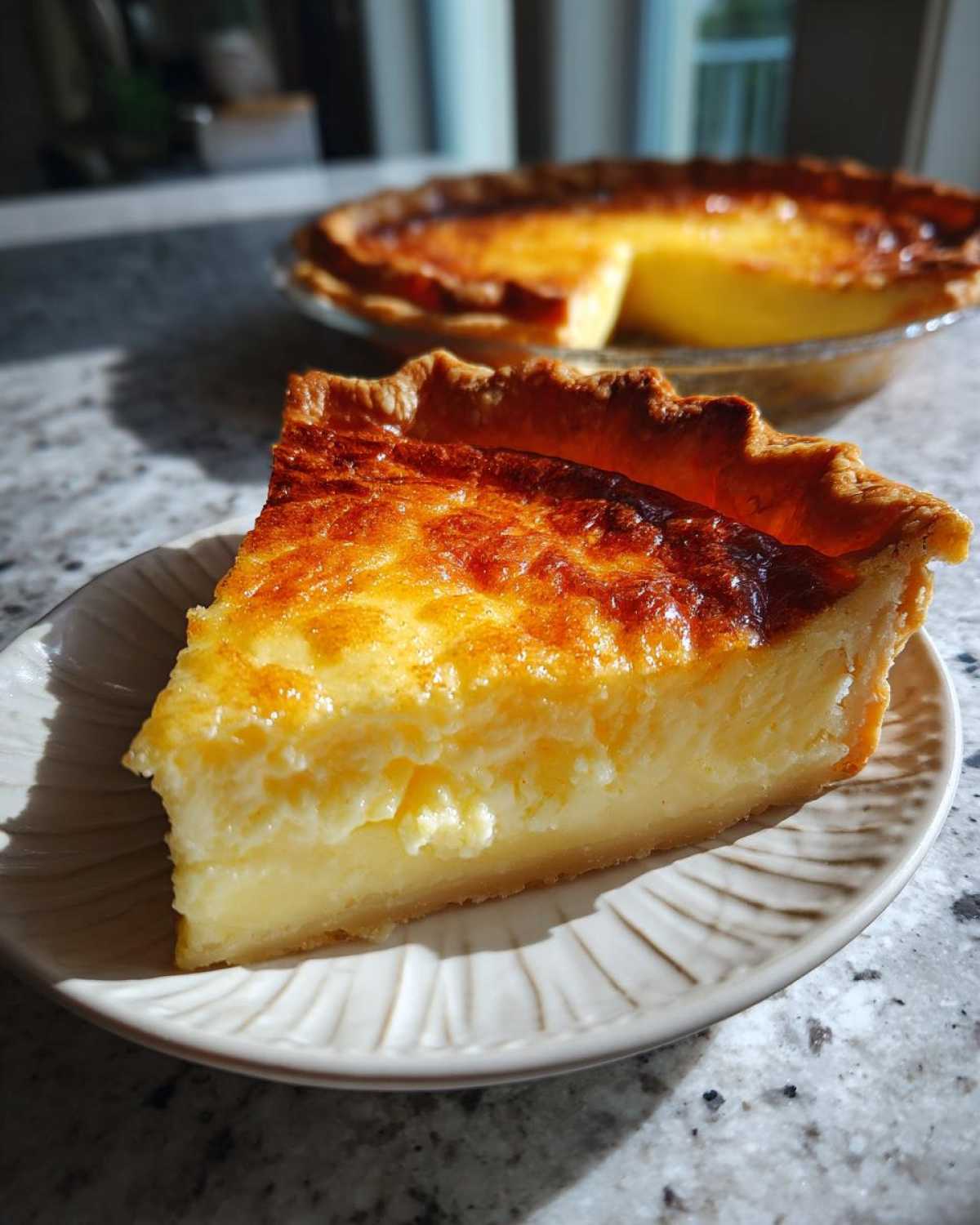 A close-up slice of amazing buttermilk pie with a rich, golden-brown top and creamy filling on a small plate.