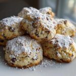 A stack of freshly baked cannoli cookies dusted heavily with powdered sugar on a white plate.