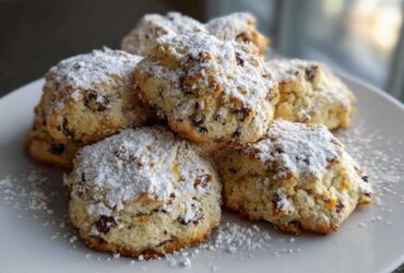 A stack of freshly baked cannoli cookies dusted heavily with powdered sugar on a white plate.
