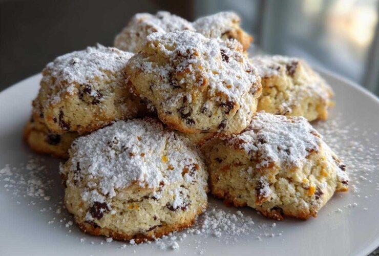A stack of freshly baked cannoli cookies dusted heavily with powdered sugar on a white plate.