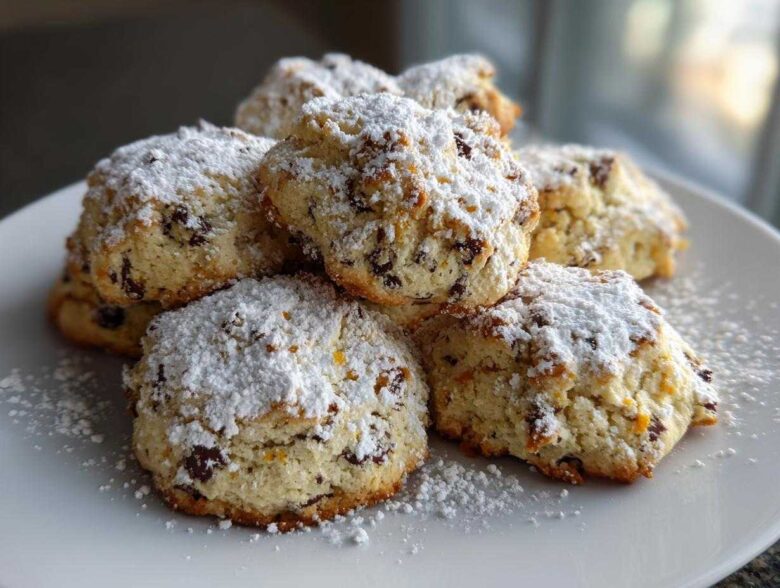 A stack of freshly baked cannoli cookies dusted heavily with powdered sugar on a white plate.