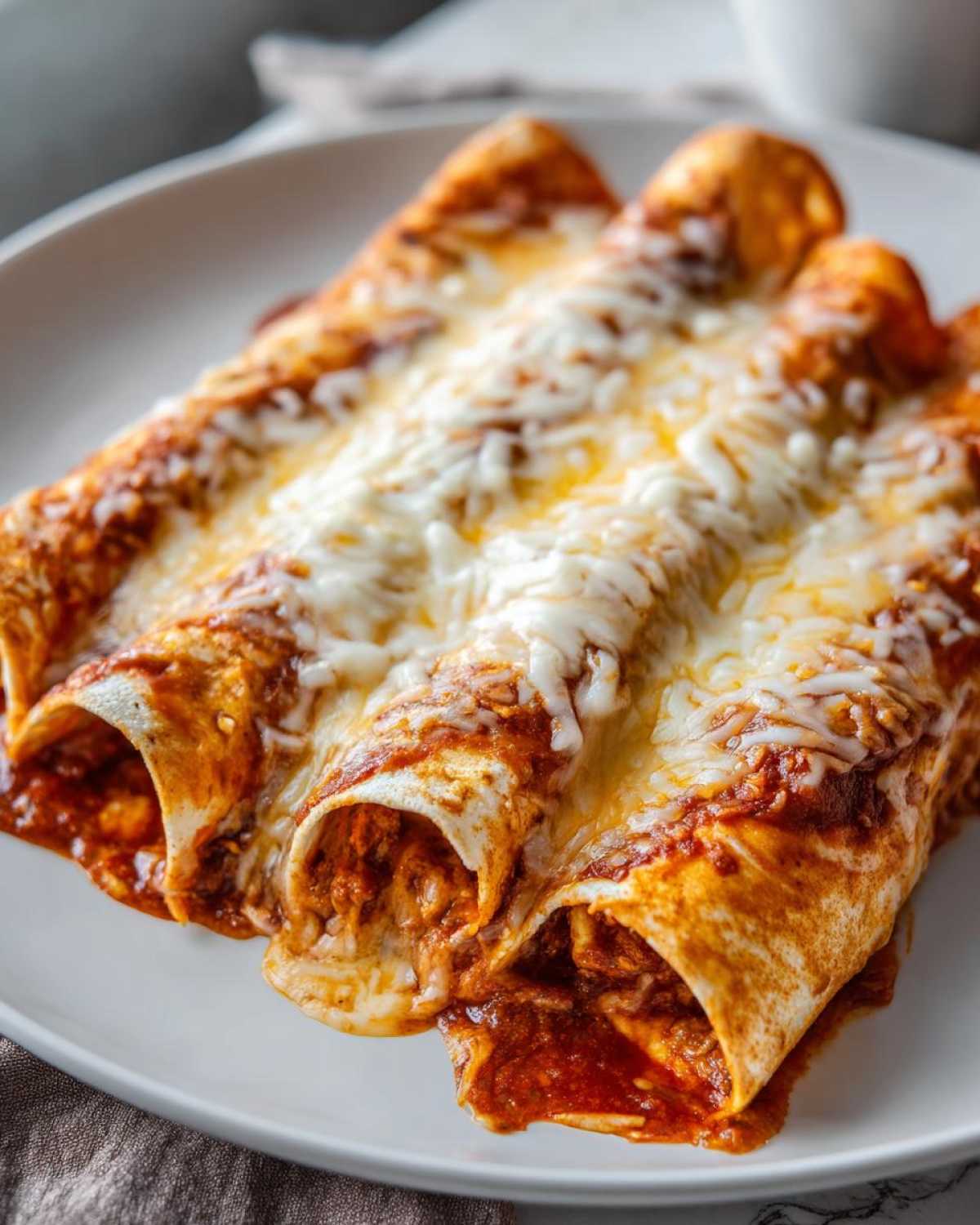 Three rolled cheese enchiladas covered in rich red sauce and melted white cheese on a white plate.