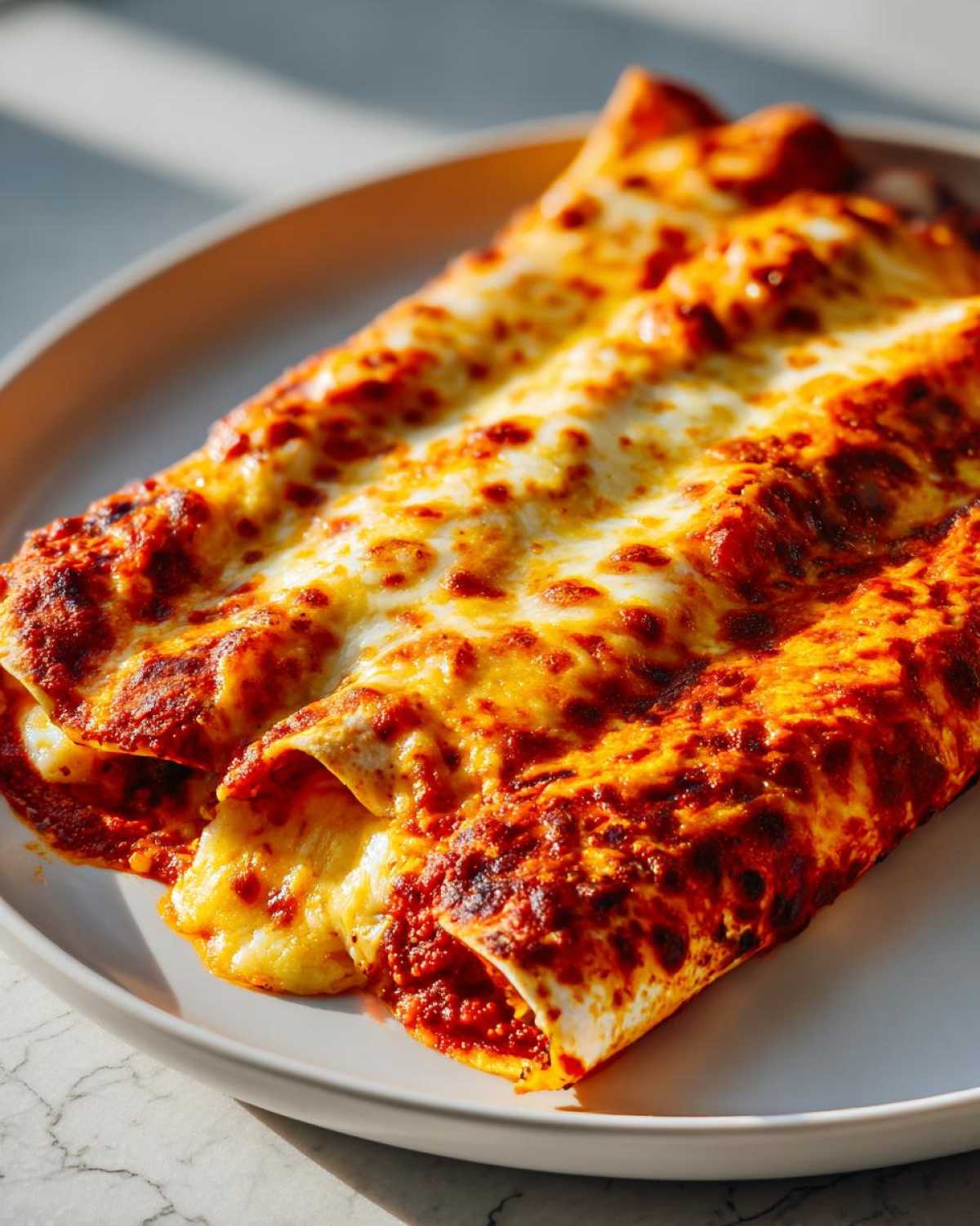 Close-up of three baked cheese enchiladas covered in bubbling, melted, and slightly browned cheese sauce.