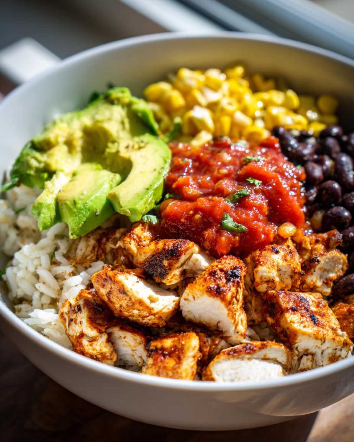 Close-up of a white bowl filled with ingredients for a chicken burrito bowl, featuring seasoned chicken, rice, avocado, corn, black beans, and salsa.